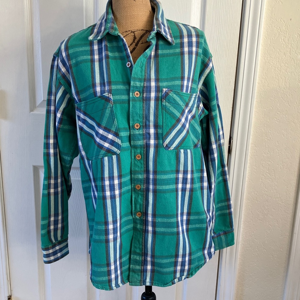 Vintage 90’s Men's Big Mac Green Blue Plaid Button Flannel Work Shirt LT Tall